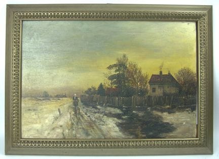 木板油画《暮色中的冬日乡村风景》，据推测是根据约瑟夫·海登达尔（Joseph Heydendahl）