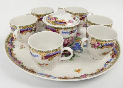 利摩日风格（T.Limoges / Depos）的花卉图案咖啡或茶具套装，包括一个圆形托盘、6只茶杯