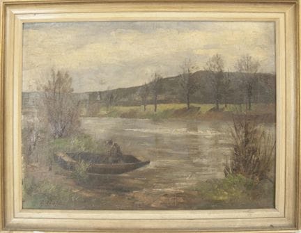 贝塔·施托伊德尔（Berta STEUDEL）。布面油画《带划艇的河岸风景》，左下角署名“B.Ste
