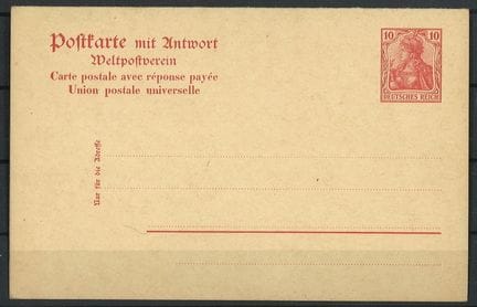 Postkarte mit Antwort Germania, ungelaufen.