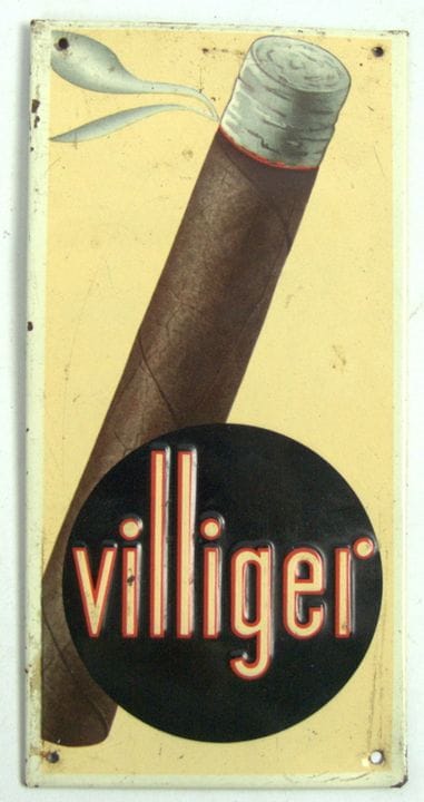 瑞士雪茄和半雪茄品牌Villiger的古董金属招牌，约1950年代。尺寸：高约19.5厘米，宽约10
