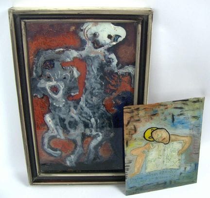 玻璃背画，两幅不同的画作。其中一幅背面题名为“不协调的一对”。尺寸：一幅高约25厘米，宽约20厘米；
