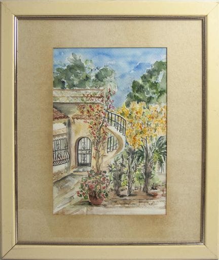 Aquarell "mediterraner Hof mit geschwungener Trepp