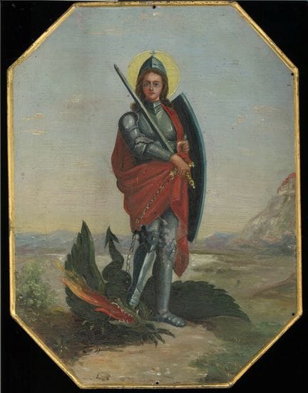 Antikes Blechschild mit dem Bild des Heiligen Geor