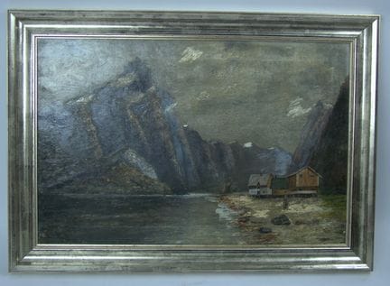 让·弗林茨（Jean Flintz）的油画作品《山间湖畔的农舍》，配木框，左下角署名“让·弗林茨”。