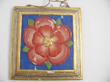 Hand-painted, square wooden wall plaque featuring 