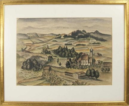 Watercolor and pen-and-ink drawing titled "Rural I