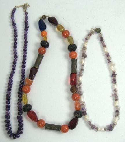 3 necklaces made from loose beads, amethyst + pear