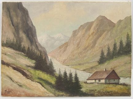 Oil painting on canvas, "Mountain Landscape," sign