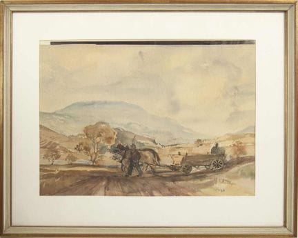 Watercolor painting titled "Rural Scene with a Hor