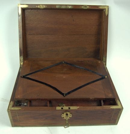 Antique wooden travel writing case with brass hard