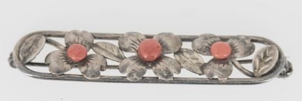 Bar brooch, 835 silver TEKA, set with coral.
