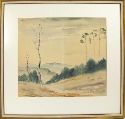 Watercolor painting titled "Rural Hilly Landscape"
