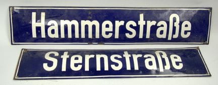 Two enamel signs / street signs, including "Hammer