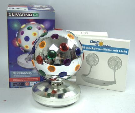 Two USB neck fans with lights and a disco ball.