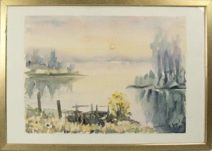 Watercolor "Seascape at Sunset," signed and dated 