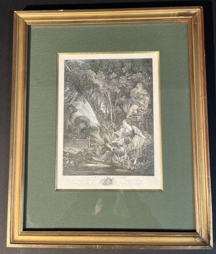 Print titled "The Hunt," engraved by Jacques Firmi