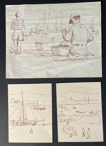 3 dessins avec des scénes de bateaux. Différents f