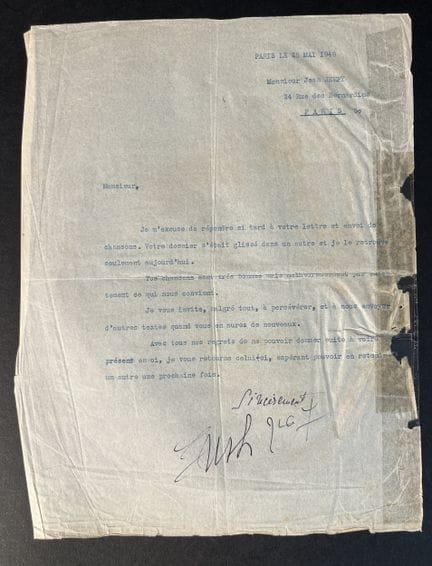 Edith PIAF. Carta mecanografiada firmada por Edith