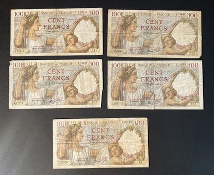 Banconote. Francia. Set di 5 banconote da 100 fran