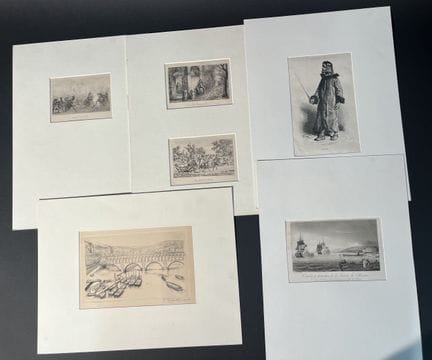 A set of 6 assorted vintage etchings, including on