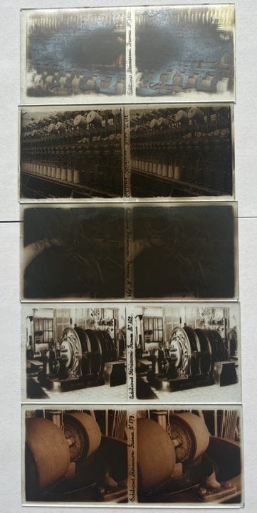 FÁBRICA DE HILADOS, hacia 1900. Conjunto de 5 plac