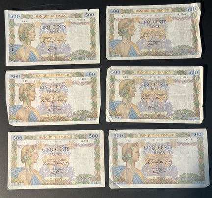 Banconote. Francia. Set di 6 banconote da 500 fran