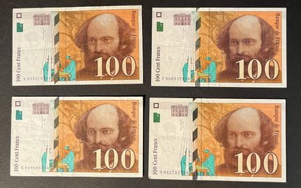 Banconote. Francia. Set di 4 banconote da 100 fran