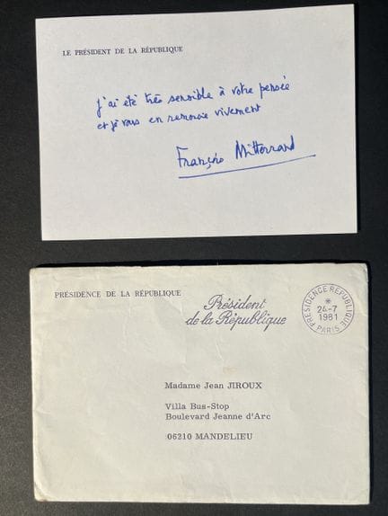 François Mitterrand. Tarjeta de agradecimiento fir