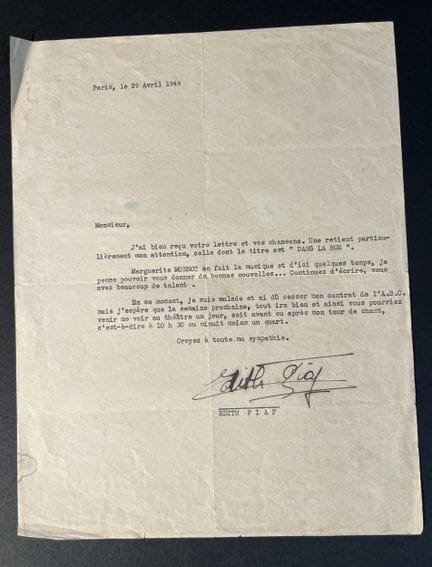Edith PIAF. Carta mecanografiada firmada por Edith