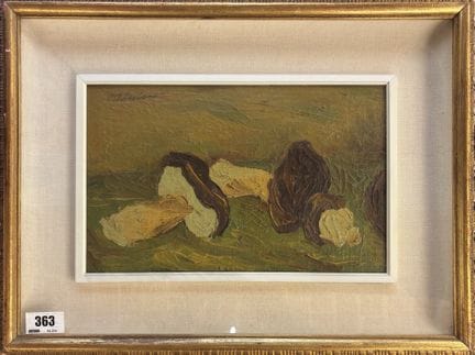 朱利奥·达·米兰诺，都灵 1895 - 1990，《蘑菇》，油画布裱于硬纸板上，20×32 厘米，左
