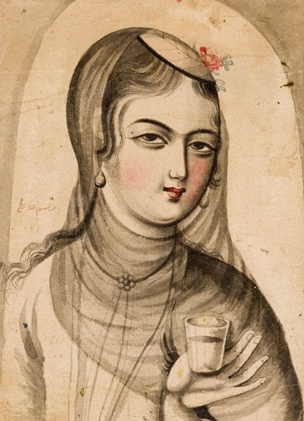 JUNGE FRAU MIT SCHLEIER, SCHMUCK UND GLAS
Persisch