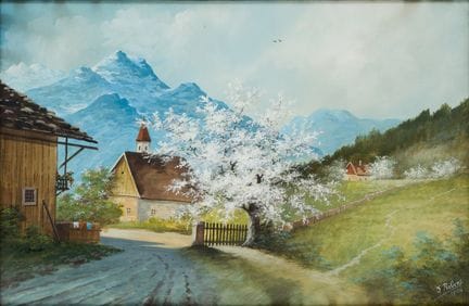 J. 鲁本斯 (XX)
《阿尔卑斯山景：山间村庄与樱花树》
 
 纸本水粉画，尺寸极大，画作上签名并