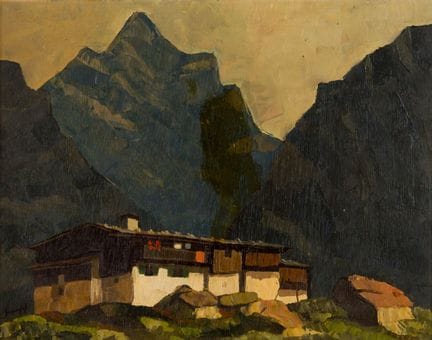 F. BEKER (XX)
以悬崖为背景的山间农舍 
 
 
 胶合板油画，署名 
 
 
 画作尺