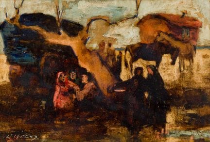 沃尔特·克雷布斯（1900-1965）
一幅描绘人物、马车和马匹的场景画
纸本油画（？），签名难以辨