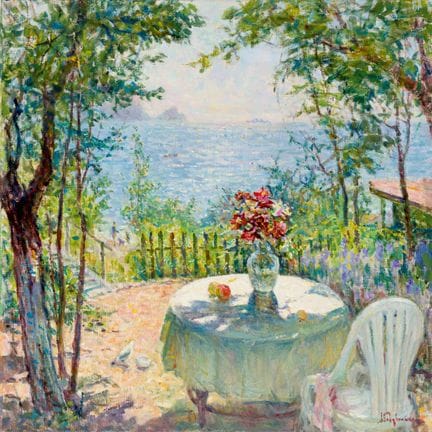 阿尔宾·加夫津斯基（1923-2014）
阳光明媚、可眺望水景的花园 
 
 
 布面油画，署名 

