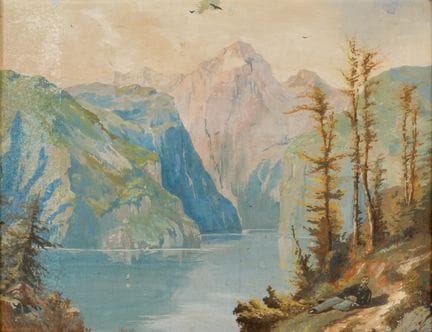 马丁·劳特伯格（1891-1960）
群山环抱的湖泊，岸边有人倚坐 
 
 纸板油画，有水渍，署名并