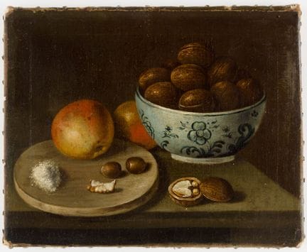 匿名艺术家
《核桃与苹果静物画》
 
 布面油画，经重新衬托，未署名，19世纪
 
 
 28 x 