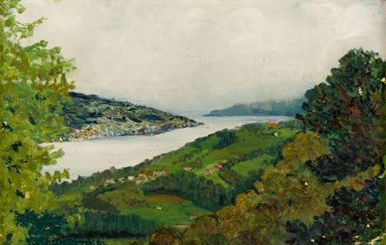 匿名艺术家
《有河流的风景》
 
 硬纸板油画，未署名
 
 
 30.5 × 47 厘米，带框尺寸