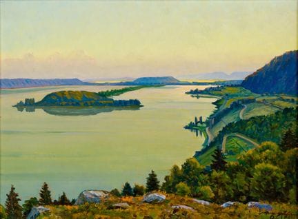 奥托·克莱宁（1899-1986）
比尔湖与圣彼得岛风景 
 
 硬纸板油画，署名 
 
 
 45