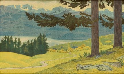 乌尔里希·威廉·策里赫（1877-1961）
《图恩湖畔的黄昏》，湖景画
 
 彩色石版画，画作上签
