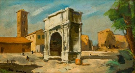 路易吉·苏尔迪（1897-1959）
《罗马提图斯凯旋门城市风光》
 
 
 纸板油画 第17号，署