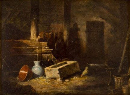 查尔斯·埃米尔·雅克（1813-1894），归因于
《马厩内景》
 
 木板油画，未署名；背面题有“