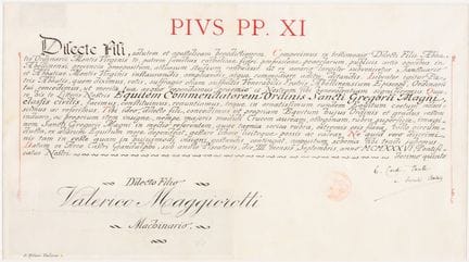DOCUMENTO A NOMBRE DEL PAPA PÍO XI, FIRMADO POR EU