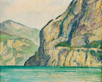 鲁道夫·洛（Rudolf LÖW，1878-1948）
湖畔山景 
 
 布面油画，画布有凹痕，署有