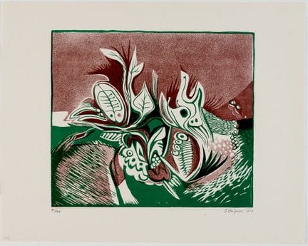 塞尔日·布里尼奥尼（1903-2002）
红绿相间的抽象叶片 
 
 纸本彩色石版画 91/140，