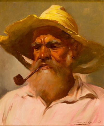 未知艺术家
戴草帽、叼烟斗的男子
 
 布面油画，签名难以辨认
 
 
 46 × 38 厘米，带画