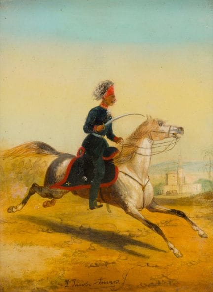 雅各布·A·雅各布斯（1812-1879），据传为
《骑马者》
 
 木板油画，署名并附题记
 
 