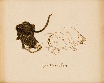未知画家
黑猫叼走熟睡幼儿手中的面包
纸本水墨，署名“Steinlen”
画芯尺寸 9.5 × 12