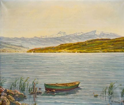 奥古斯特·韦伯（1817-1873）
苏黎世湖畔停泊的小船
 
 布面油画，署名
 
 
 55 ×